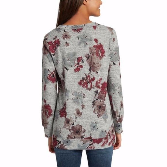 ELLEN TRACY Gray Romance Floral V-Neck Long Sleeve Tunic Top - NWT - Picture 2 of 3